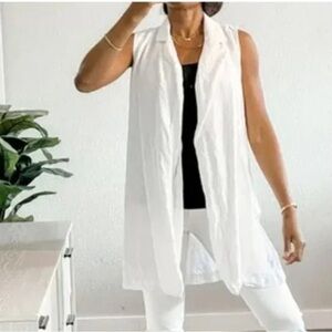 J. Jill White Linen Open Front Collared Long Vest Size L US 14/16